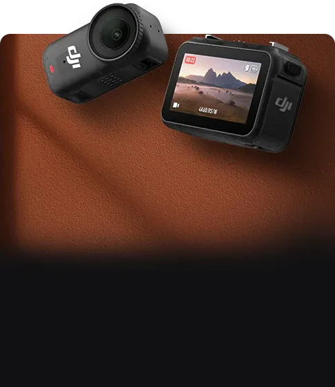 DJI action camera on a brown surface with screen displaying a mountain landscape. Sold by a DJI authorized retailer.